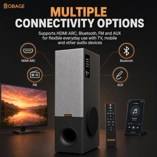 Image of OBAGE Zylo-5 Single Tower Speaker System | 80W Output | HDMI ARC, Bluetooth, FM, AUX | Digital Bass, Mid & Treble Control | Clear & Balanced Sound for TV, Music & Movies