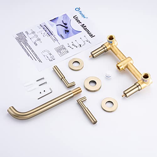 Pattlye Gold Wall Mount Faucet, Brushed Gold Wall Mounted Bathroom Sink Faucet, Dual Handle, Brass Rough-In Valve Included, Pt02Bg #TOP6