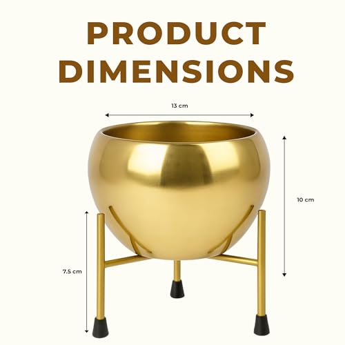 Image of NATURAL EARTH Gold Metal Flower Pot & Stand with Free 1 KG Organic Vermicompost Fertilizer | Decorative Indoor Outdoor Plant Pot | Golden Finish Planter for Home Garden Decor