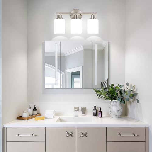 Image of Zarbitta 3-Light Bathroom Light Fixtures, Brushed Nickel Vanity Light, Farmhouse Wall Lights with Milky White Frosted Glass Shades, Bathroom Wall Lamp for Mirror Kitchen Bedroom Hallway Living Room
