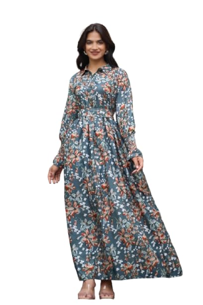 Grey Crepe Fabric No Transparency Shirt Color with Open able Button Floral Print Gown Balloon Sleeve Pattern with Belt Gown-image-16