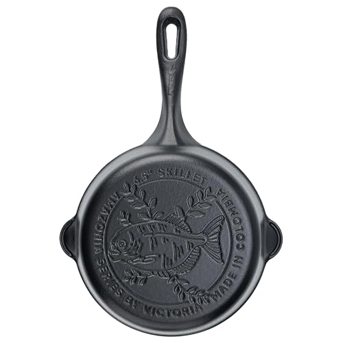 Victoria Cookware 6.5-Inch Amazonia Cast Iron Skillet, Decorative Preseasoned Frying Pan with Cast Design, Made in Colombia, Piraña