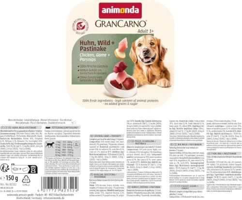 animonda GranCarno Hunde Nassfutter Adult Huhn, Wild + Pastinake (22 x 150g), getreidefreies Hundenassfutter ohne Zucker, für ausgewachsene Hunde, mit frischen fleischigen Zutaten