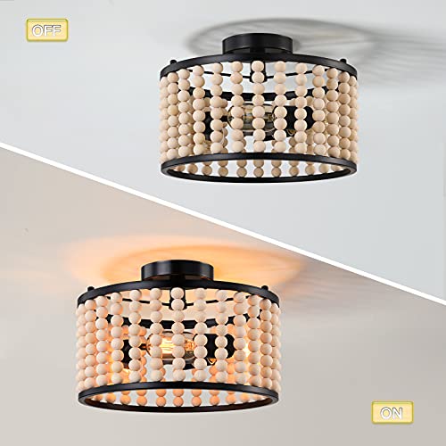 Farmhouse Boho Light Fixture, 3-Light Wood Beaded Chandelier, Black Semi Flush Mount Ceiling Light For Dining Room, Kitchen, Hallway, Bedroom, Living Room #TOP3