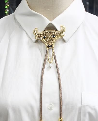 Image of PEARLY JUN Bolo Tie for Men Women Rhinestone Bling Western Cowboy Brown Leather Country Style String Wear Shirt Vest