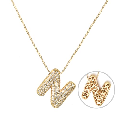 RWQIAN Bling Zircon Burbujas Letra Inicial Collar Mujer Globo Alfabeto Cadena Dorado Letra Inicial Primer Nombre N Colgante Regalo Collar 45+5cm