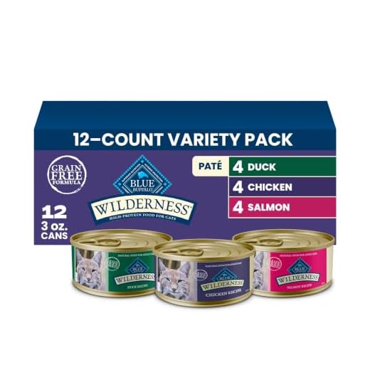 Blue Buffalo Wilderness High Protein, Natural Adult Pate Wet Cat Food Variety Pack, Chicken, Salmon, Duck 3-oz Cans (12 Count- 4 of Each Flavor)