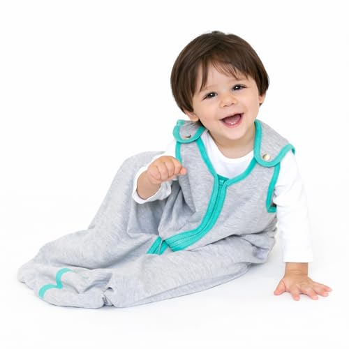 Image of Baby Deedee Sleep Nest Lite - Cotton Sleep Sack 0.6 TOG 0-6M Heather Teal | Patented shoulder snaps and full-length zipper support easy dressing and diaper changes for warmer routines