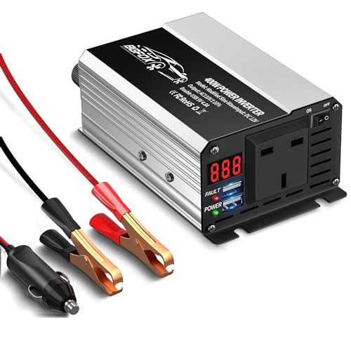 BGFOX 400W Car Power Inverter DC 12V to AC 240V 230V Voltage Converter with 2 USB 4.8A Ports for Charge Your Laptop, for iPad, iPhone, Tablet, Aluminium Body & Smart Digital Display - Silver