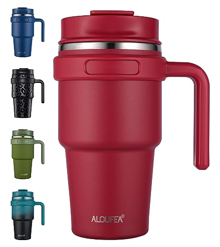 ALOUFEA 20 oz Insulated Coffee Mug Tumbler with Handle, Stainless Steel Travel Mug Tumbler with Lid and Straw,Double Wall Vacuum Leak Proof Ice Coffee Thermal Cup, Red