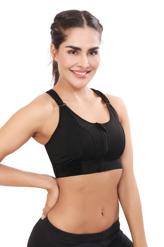 Image of Women Polyester Spandex High Impact Front Zip Sports Bra Fitness Criss Cross Back Crop Tops for Gym, Yoga & Workout - Size: M-4XL