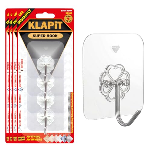 Image of KLAPiT Super Hook - Heavy Duty Adhesive Wall Hooks, No Drilling, Waterproof, Damage-Free Hanging Solution for Bedroom, Bathroom, and Kitchen Items - Clear, 16 pcs.
