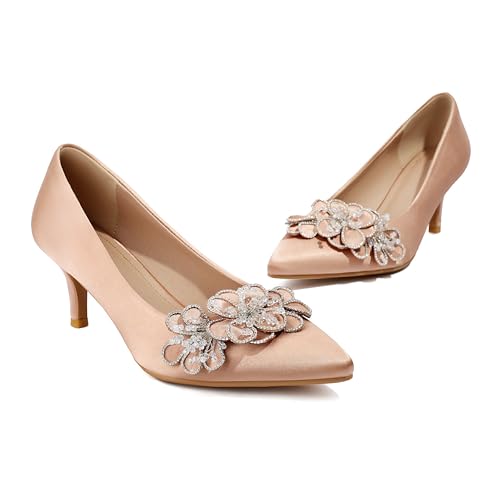 Women's Kitten Heels 2" Handmade Rhinestone Flower Satin Pumps Wedding Party Prom Dress Shoes3