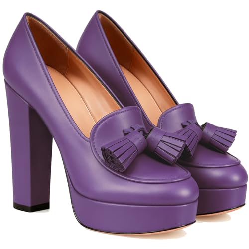 Image of SHODENSE Women Vintage Chunky Platform Loafers Pumps Tassel Round Closed Toe Slip On Suede Block High Heel Dress Loafer Shoes Buckle Strap Oxford Loafers Fringe Pump Dressy Chic Sexy Y2k 4-11 M US