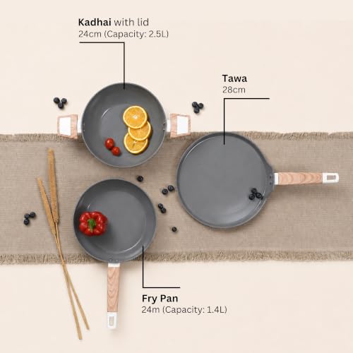 Image of Kreme Ceracook Ceramic Coated Granite 6 Pc Cookware Set, Frying Pan, Kadai, Tawa, 2X Spatulas, ISI Certified, Forged Aluminium, Gas & Induction, PFAS & PTFE Free, 1 Yr Warranty, Olive Green