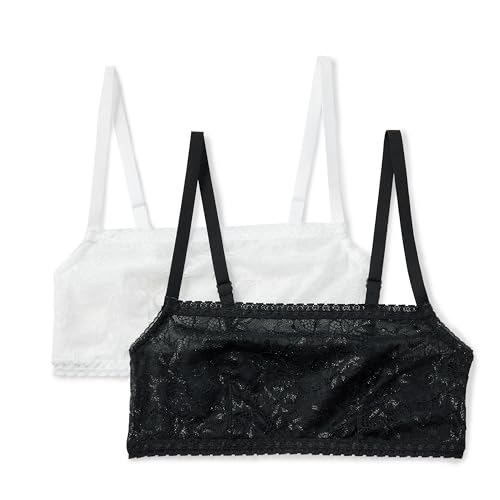 Amazon Essentials Women's Stretch All Over Lace Square Neck Bralette, Pack of 2, Black/White, Medium