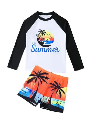 Kids Boys 2 Pcs Rash Guard Sets UPF 50+ Swim Shirts with Boardshorts Athletic Swimsuits