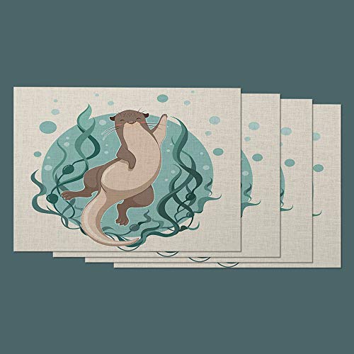Moslion Otter Place Mats Set Of 4. Ocean Sea Animal Otter Floating On Water Bubble Seaweed Cotton Linen Placemats 12X18 Inch For Dinner Kitchen Table Dining Room #TOP18