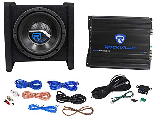 Rockville RV8.1A 400w 8" Loaded Car Subwoofer Enclosure+Mono Amplifier+Amp Kit
