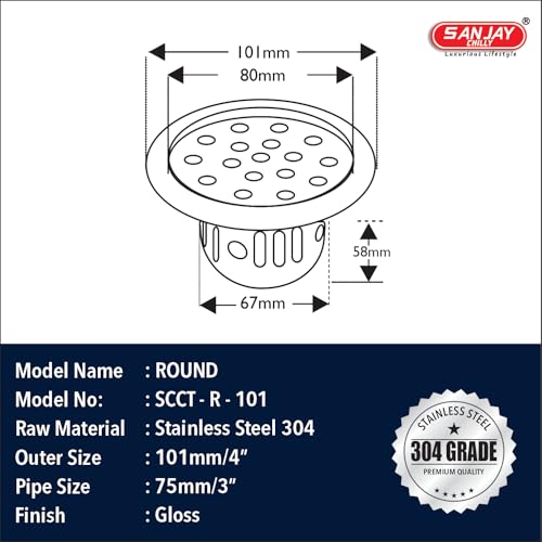 Image of Round SS Floor Drain with Cockroach Trap Jali 304 Grade Kitchen Sink Washbasin Bathtub Luxurious Bathroom Gratings Safety from Snakes & Insects (Silver 4 INCH)