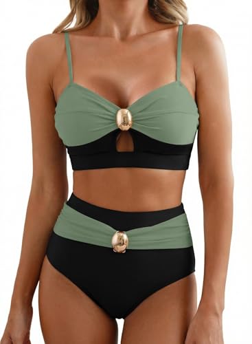 Herseas Women's 2 Piece Contrast Color Bikini Sets Oval Metal Swim Suit XXL