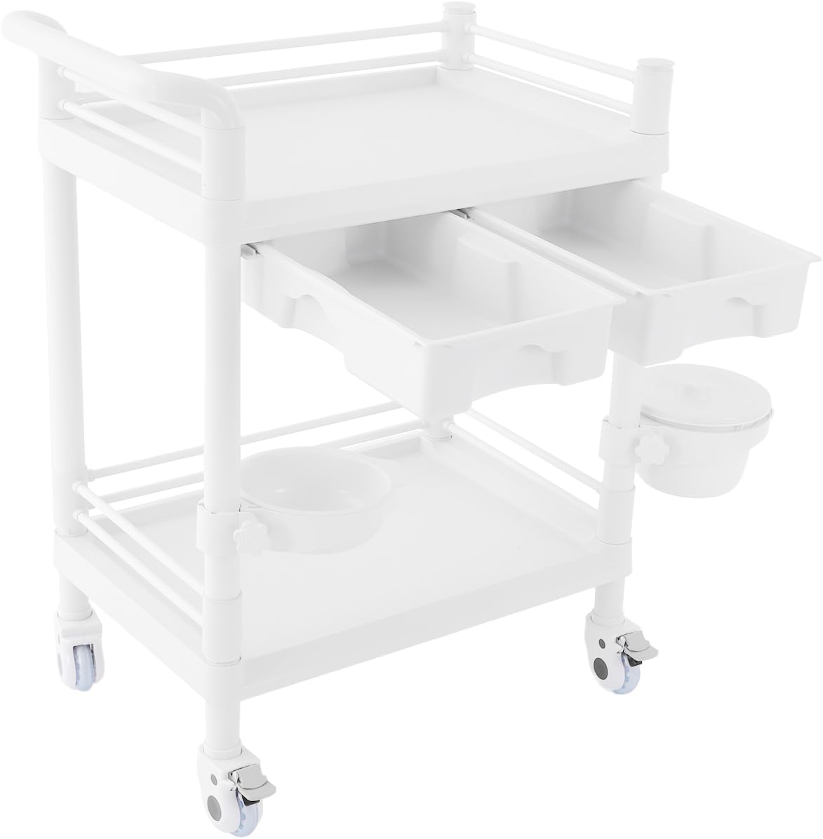 OUKANING Carrello medico con 2 cassetti e ruote dei freni, carrello da laboratorio arrotolabile in ABS, portata 90 kg, 64,5 x 44,5 x 90 cm, bianco multifunzionale per ospedale, studio cosmetico e