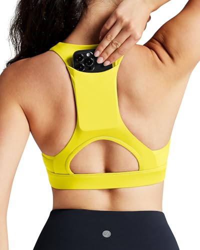 Image of QUEENIEKE BareFlow Women's Sports Bras with Phone Pocket Medium Impact Padded Racerback Workout Gym Crop Top Running Yoga Bra