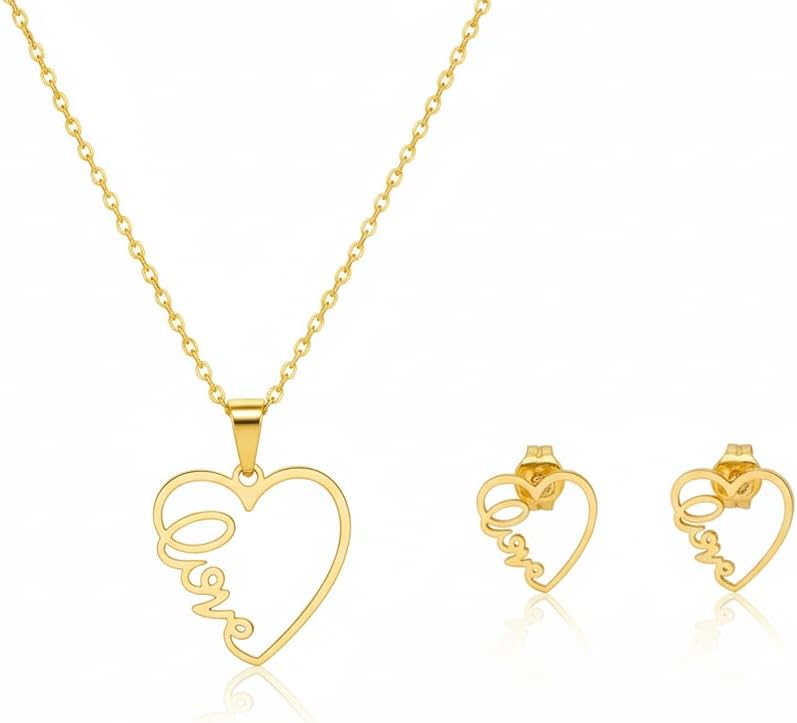 Gold Plated Heart Love Pendant Necklace and Earrings Set – Stainless Steel Dainty Jewelry Set for Women, Gift Set for Her, Romantic Valentine’s Day or Birthday Present
