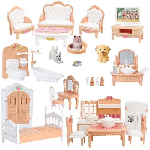 Xadothat Dollhouse Furniture Set, Complete Room Collection with Kitchen, Dining, Living Room, Bedroom and Bathroom Accessories, Plastic (36-Piece...
