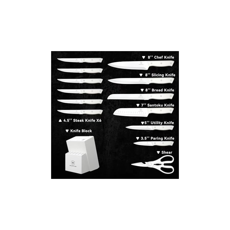 BRAVESTONE Knife Set, 15 Piece Kitchen Knife Set with Block Self Sharpening, Dishwasher Safe, Anti-slip Handle (Cream)