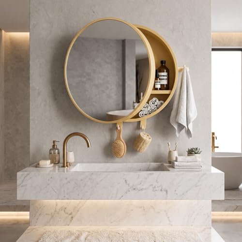 Image of CIPLA PLAST Rich Look Bathroom Cabinet with Mirror | Storage Organiser | Strong Plastic Bathroom Shelves Wall Mounted | Bathroom Accessories| Mirror Cabinet (2, METELLIC Gold, Round)