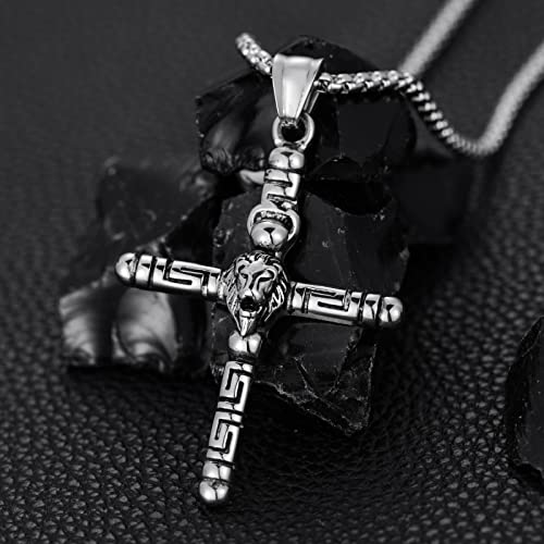 Kxj Father's Day Gifts Cross Necklaces For Men Stainless Steel Lion Head Cross Pendant Necklaces Cross Jewelry Gifts For Boys Boyfriend Son Birthday Graduation #TOP1