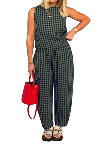 Image of Womens 2 Piece Lounge Sets Cotton Plaid Crop Top High Waisted Baggy Ankle Barrel Pants Gingham Matching Set