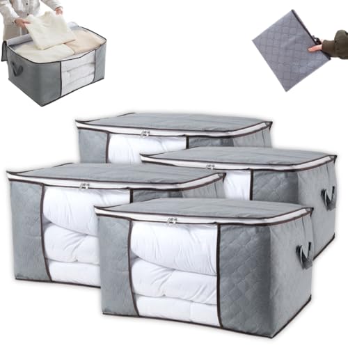 Kit C/4 Bolsas Organizadoras Multiuso C/Zíper, Visor Transparente, Tecido Premium, Alças Laterais, Dobrável e Empilhável - Ideal para Roupas de Cama, Sapatos e Brinquedos - Marca Bigzu®