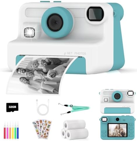 AMZSA Now Kids Camera Instant Print, 1080P Video, Children Christmas Birthday Gifts for Girls Age 3-12, Toddler Print Digital Camera Toy for 4 5 6 7 8 9 10 11 Years Old with 32GB Card,6 pens