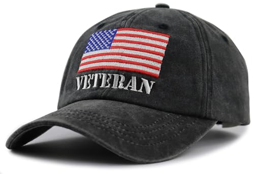 Image of American Flag Veteran Hats for Men Women, Adjustable Embroidered Cotton Army Military Baseball Cap
