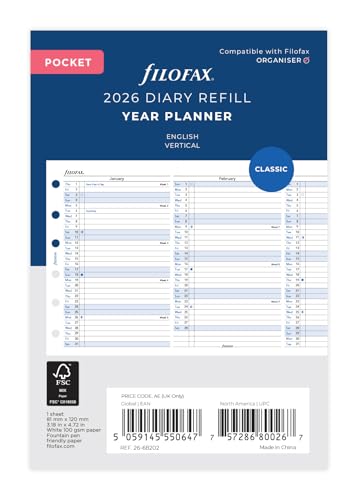 Planning annuel vertical 2026 Filofax recharge calendrier papier
