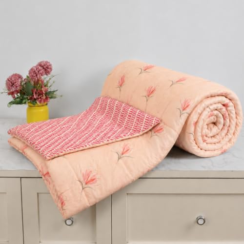 Image of Florida Floral Microfiber AC Comforter for Double Bed | Soft Reversible 180 GSM Polycotton Lightweight Comforter | All-Season Bedding (Peach)