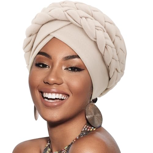 Image of DRESHOW African Women Turban Caps Cotton Beanie Twist Headscarf Pre-Tied Double Twisted Braids Wrap Hat Chemo Cancer Cap
