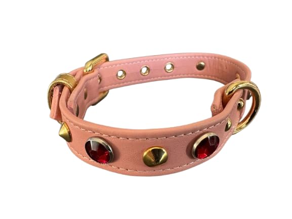 Collier chien cuir véritable rose réglable avec pierres brillantes artisanales