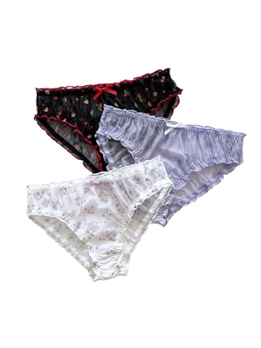 Image of GORGLITTER Women's 5pack Cute Panties Floral Print Low Rise Frilly Panties | Low Waist Underwear Set, Bow Lettuce Trim, Coquette Clothes