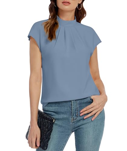 Image of Funlingo Womens Summer Tops Mock Neck Short Cap Sleeve Blouses Business Casual Work Chiffon Shirts Front Pleated Tunic Top