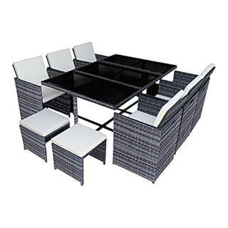 Panana Rattan Garden Furniture Set 10 Seater Dining Table and Padded Chairs Stool Outdoor Patio and Conservatory Mixed Grey