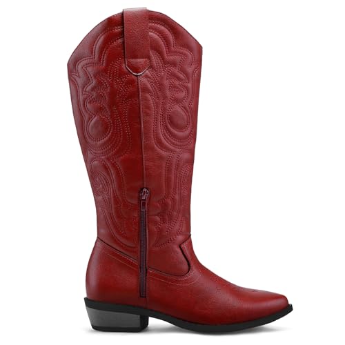 mysoft Women's Wide Calf Cowboy Boots Pull on Cowgirl Embroidered Mid Calf Pointed Toe Chunky Heel Western Boots3