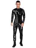  Doomiva Body Homme Maillots de Corps Cuir Verni Zip Combinaison Sport Musculation Bodysuit Manches Longues Jumpsuit Clubwear Noir A XXL