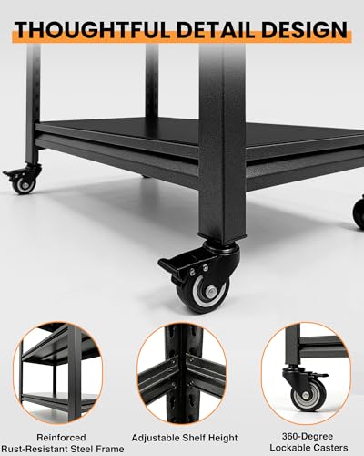 Pterying Work Benches for Garage with Pegboard, Adjustable Height Workbench with Lockable Wheels, Rolling Tool Bench for Garage Warehouse Workshop Table, 52\" H x 34\" W x 18\" D, Black