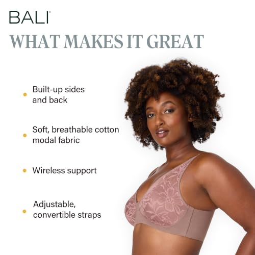 Image of Bali Women's Wireless Bras for Women - Breathe Lace Cotton Modal No Underwire Bra, Adjustable T-Shirt, Plus Size