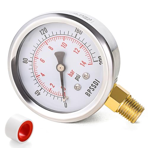 0-200 Psi Pressure Gauge, 2.5" Dial Size, 1/4" NPT Lower Mount, 304 Stainless Steel Case, Water Pressure Gauge Test for Pool Pump, Sand Filter, Air Compressor, Espresso(with Tape)