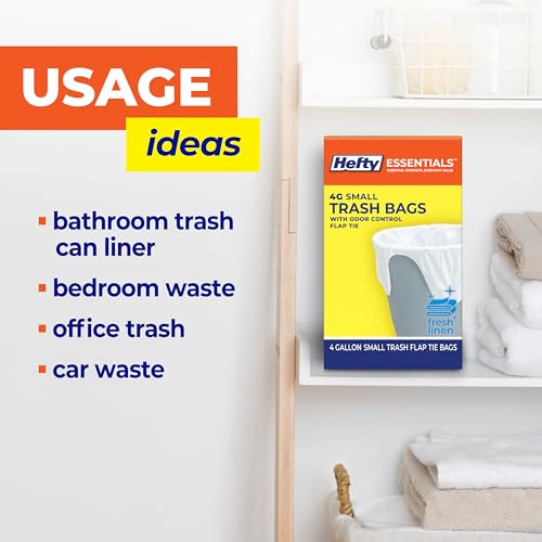 Image of Hefty Essentials 4 Gallon Trash Bags, White, Fresh Linen Scent, 52ct | 4G Small Trash Bags for Bathrooms, Bedrooms, Dorm Rooms, Home Offices, Flap Tie Closure, Fits Small Wastebasket Bins