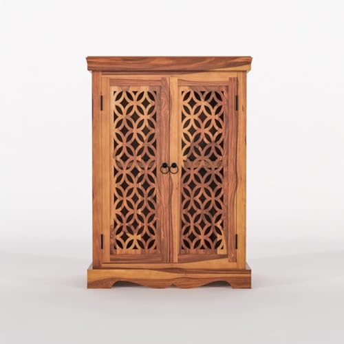 Image of Solid Sheesham Wood Sideboard and Cabinets | Wooden Side Board Small for Living Room | Free Standing Buffet Cabinet with 2 Door Cabinet Storage | Rosewood, Natural Finish